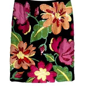 Casual Corner Sequin Floral Skirt Sz 6 Bright Colorful Statement VTG Glam